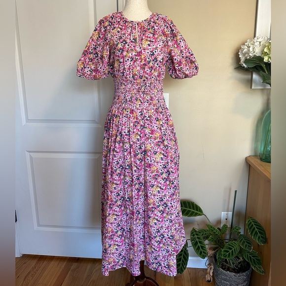 J. Crew Puff-sleeve Smocked-waist Midi Dress in Floral Fields size XS - Picture 2 of 5